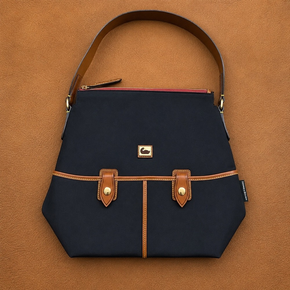 Dooney & Bourke Black Nylon Tan Leather Trim Gold Shoulder Bag Purse Pockets
